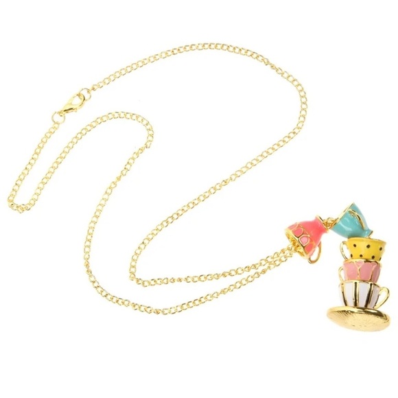 Colorful Tea Time Cups Alice in Wonderland Necklace - Picture 3 of 10